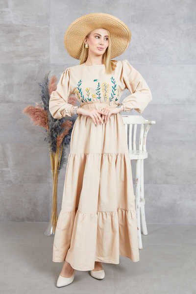 zenne Buy Ruched Embroidered Dress Beige