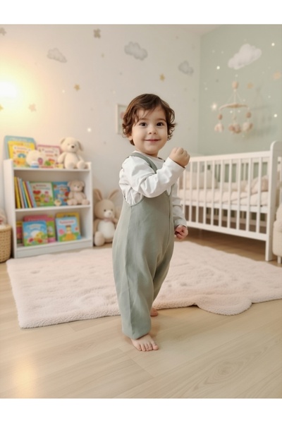 settare Doğal Pamuklu Askılı Bebek Salopet – Minimal Yeşil Tulum