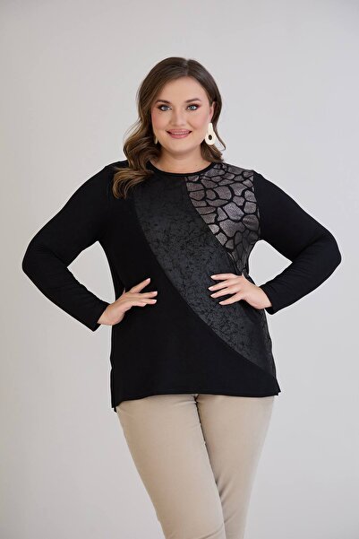 TUSSE Women's Elegant Broken Glass Leather Piped Viscose Plus Size Blouse