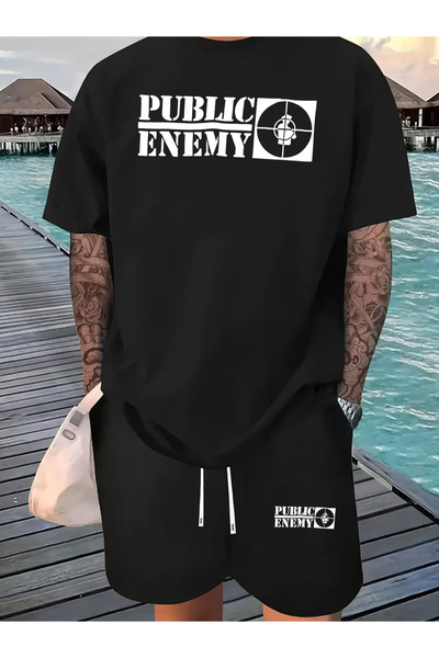 Rayan & Hoor Style Enemy Printed Shorts T-Shirt Sweatpants Set