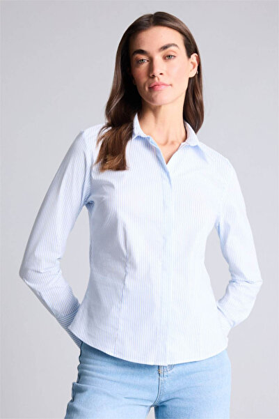 DeFacto Εφαρμοστό Ριγέ Ποπλίνα Γυναικείο μπλουζάκι σε γαλάζιο χρώμα D3172AX/B...