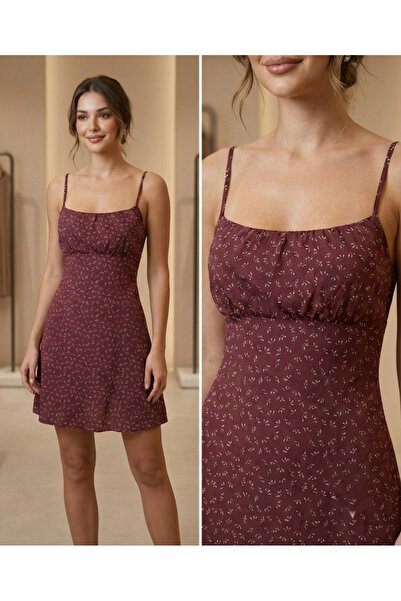 peralist Kadın Bordo Çiçekli Büzgülü İp Askılı Mini Elbise Viskon Krep Elbise
