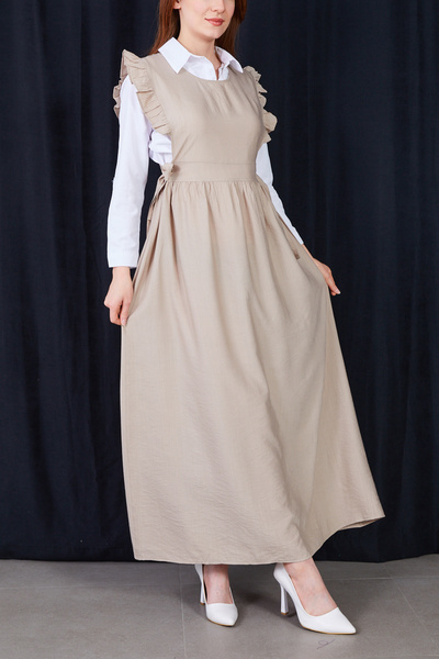 zenne تفاصيل كشكش فستان جيلي بأربطة من الجانبين باللون البيج