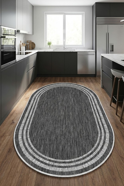 VOPTEKS Oval Antrasit Halı Mutfak Halısı Makinede Yıkanabilir Halı Kaymaz Tab...