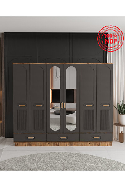 Teen & Bright PERA 6 KAPAKLI ÇEKMECELİ BAZALI GARDIROP - TAMAMI MDF