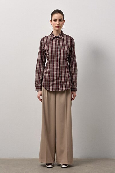 Molene Bordo Belden Oturmalı Ekose Gömlek