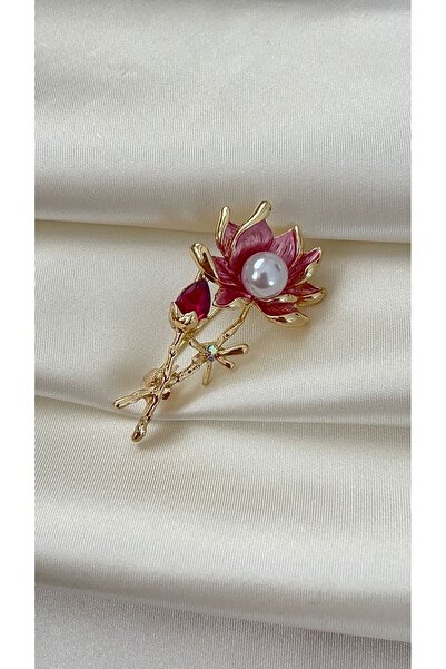 Goche Kadın Kırmızı Lotus Çiçekli İnci Taşlı Gold Broş – Zarif Çiçek Yaka İğn...