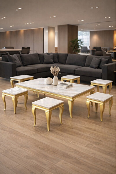 MARIA HOMES Luxury Gold Marble Coffee Table Set 1+6 – Royal Classic Design
