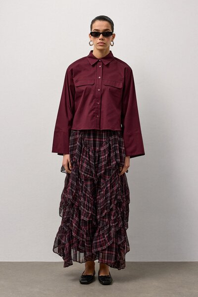 Molene Bordo Geniş Kol Mini Gömlek