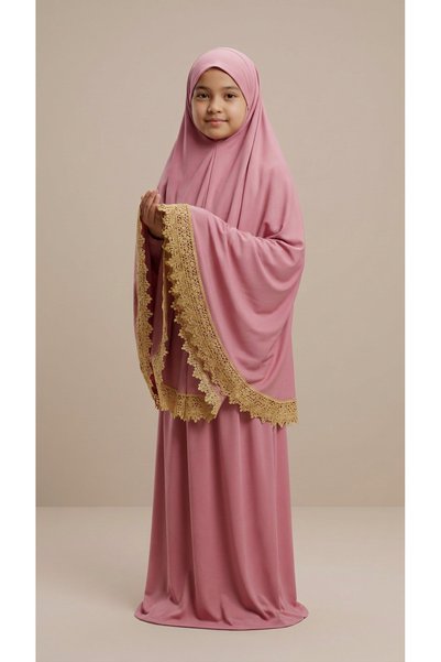 Store Girl's Luxury Velvet Prayer Dress - Lace Embroidered Cream Prayer Set - Pink Prayer Dress