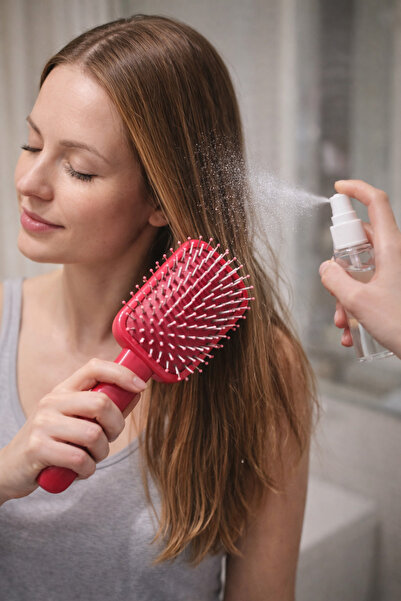 MİNPO Pembe Saç Fırçası + Sprey Şişe Seti (SPREY TARAĞIN UCUNA TAKILIR)