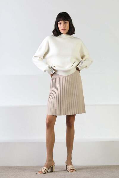 Ferraro Μπεζ ψηλόμεση πλισέ Βισκόζη γυναικεία πλεκτή μίνι φούστα