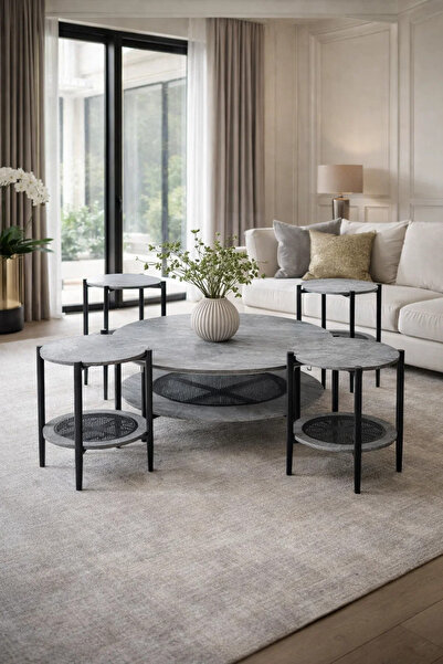 MARIA HOMES Contemporary Grey Wood Round Coffee Table Set 1+4 with Metal Legs...