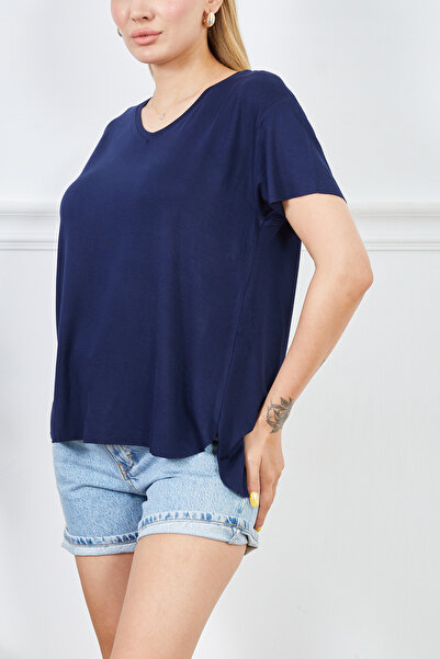 zenne Viscose v-neck loose t-shirt navy blue