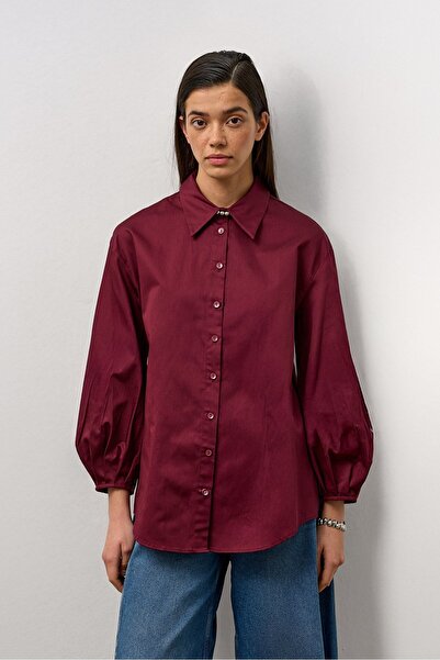 Molene Bordo Pamuklu Balon Kol Detaylı Relaxed Fit Gömlek