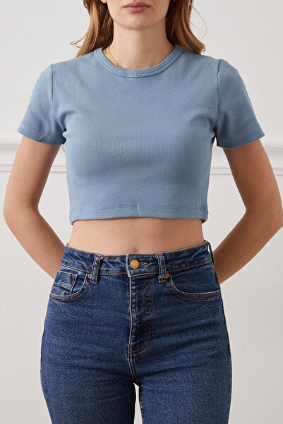 zenne Corded Fabric Cropped Body Blue