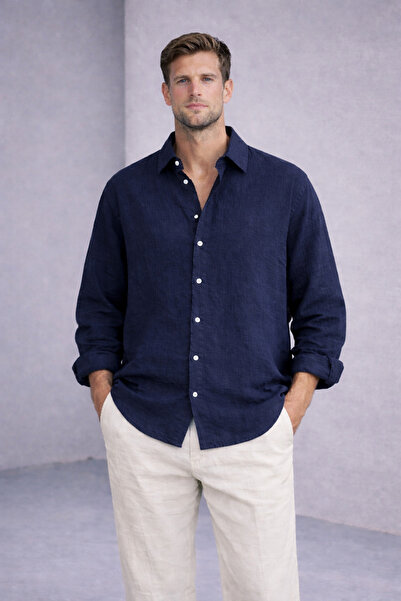 çerme Ανδρικό πουκάμισο σε σκούρο μπλε χρώμα oversized Cut Λινό Look
