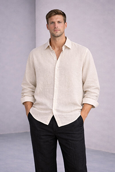 çerme Ανδρικό πουκάμισο σε μπεζ απόχρωση oversized Cut Λινό Look