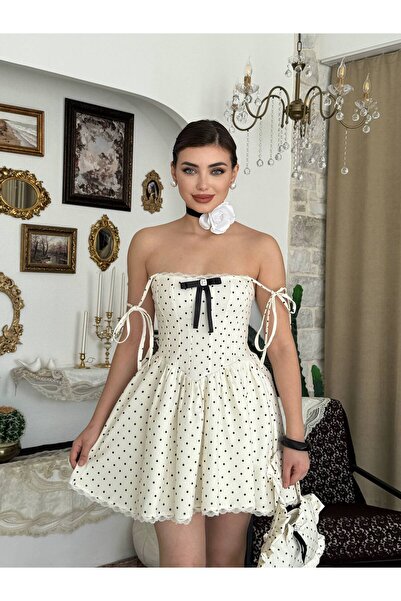 ETİKAFASHION Korsaj Puantiye Desenli Mini Elbise