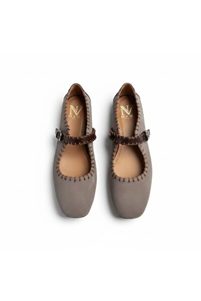 NE&VE SHOES Vizon Süet Kahve Deri Garnili Biye Detaylı Kadın Kare Burun Babet