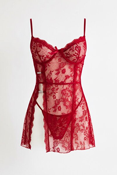 C&City Λαμπερό Λεπτομερές Κόκκινο Babydoll