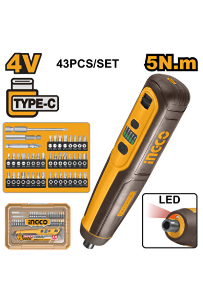 Ingco مفك براغي لاسلكي 4 فولت 5 نيوتن مع 43 قطعة من رؤوس المفكات