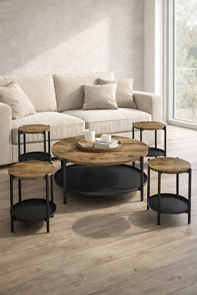 MARIA HOMES Industrial Style 5-Piece Round Center Table Set with Metal Frame ...