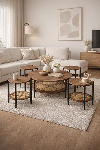 MARIA HOMES Luxury 5-Piece Round Coffee Table Set Brown Wood Finish with Ratt...