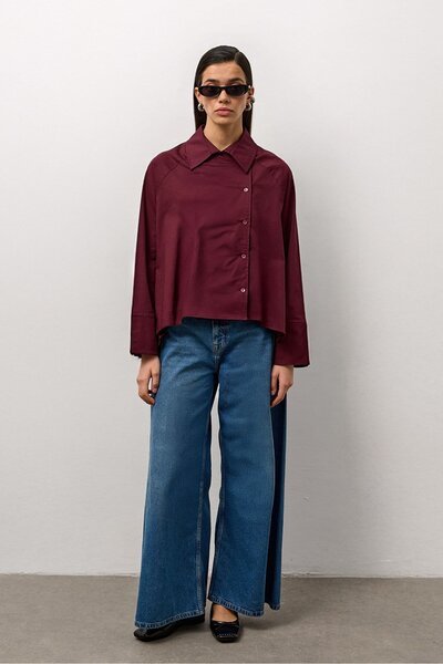 Molene Bordo Yandan Düğmeli A Form Gömlek
