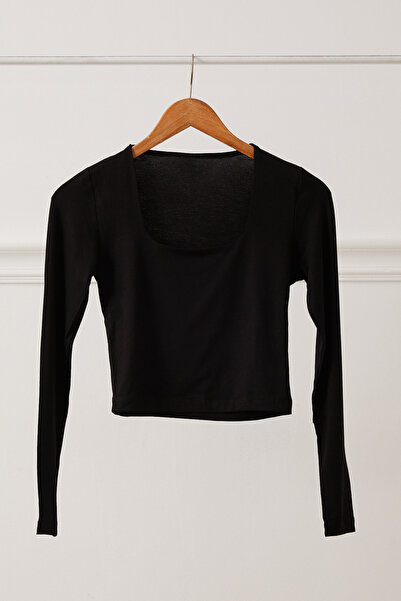 zenne Square Neck Long Sleeve Basic Bodysuit Black