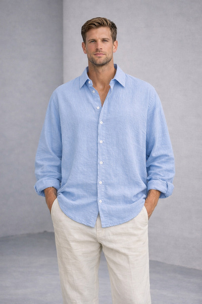 çerme Men's Oversized Cut Linen Look Blue Shirt