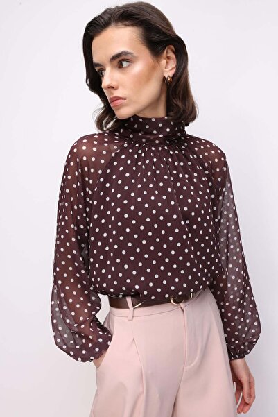 Mixray 4816 Women's Polka Dot Pack Bowknot Blouse Brown