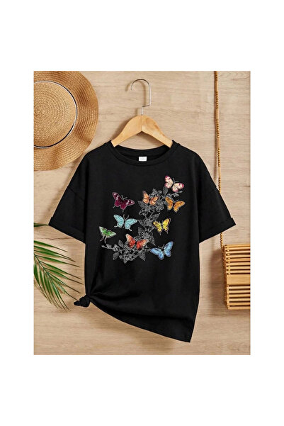 Narnuga تي شيرت بناتي مطبوع برقبة دائرية - أسود