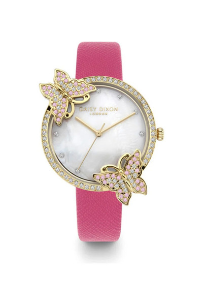 Daisy Dixon London Pink Saffiano Strap Wrist Watch And Stone Set Bezel With B...