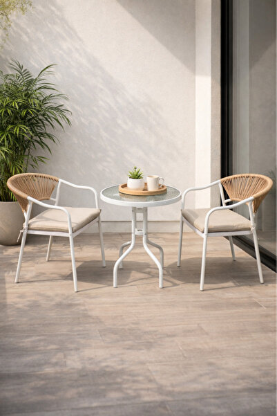 MARIA HOMES Modern 3-Piece Patio Bistro Set White Metal Frame Rope Chairs Gla...