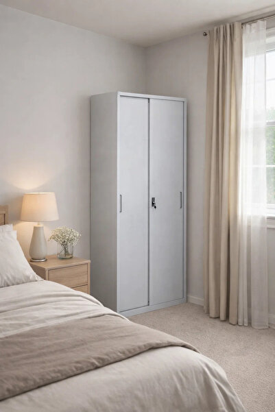 MARIA HOMES Modern Grey Metal Office Wardrobe with Sliding Doors and Lockable...