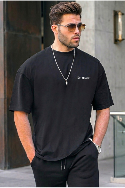 KVİNS Tricou negru pentru bărbați Los Angeles cu imprimeu supradimensionat tr...