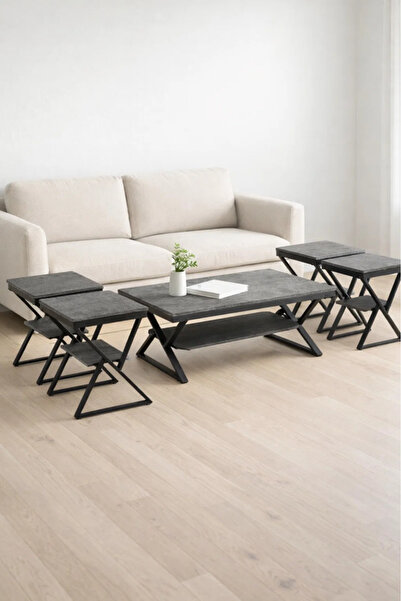 MARIA HOMES Modern 5-Piece L.GREY Center Table Set with Metal Frame and Wood ...