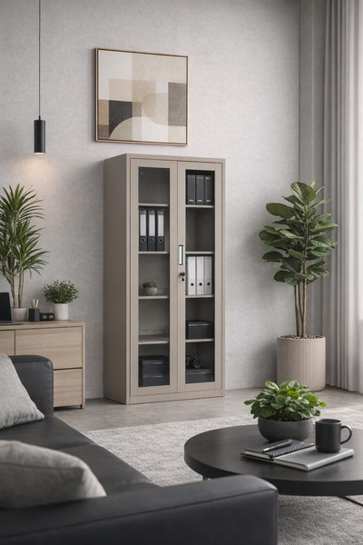 MARIA HOMES Premium Beige Metal Storage Cabinet with Glass Doors for Office O...