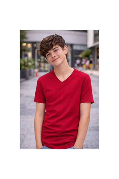 Narnuga تي شيرت صيفي للأولاد الشباب برقبة على شكل حرف V - أحمر كلاريت