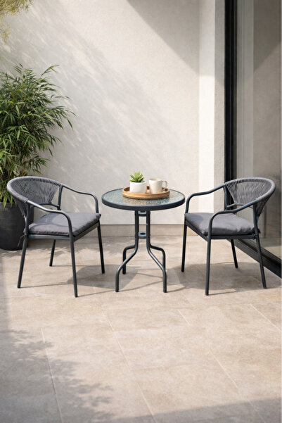 MARIA HOMES Stylish 3 Piece Outdoor Bistro Set with Rope Chairs and Glass Tab...