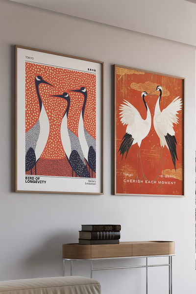 Artiera Σετ ζωγραφικής με ξύλινο πλαίσιο 2 τεμαχίων Red Heron Birds Japandi Art