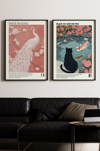Artiera Set de pictură cu ramă din lemn, 2 piese, cu artă japandi cu păun și ...