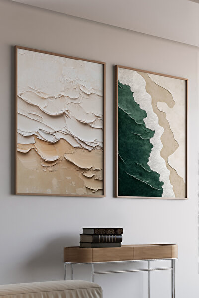 Artiera 2 Parça Kum ve Yeşil Kıyı Yağlı Boya Japandi Sanatı Ahşap Çerçeveli T...