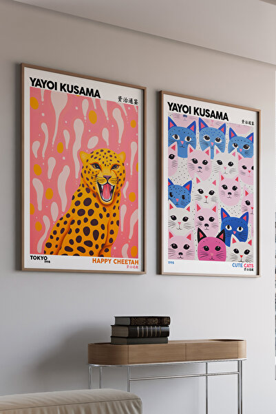 Artiera Σετ ζωγραφικής 2 τεμαχίων Kusama Leopard and Cats Japandi Art με ξύλι...