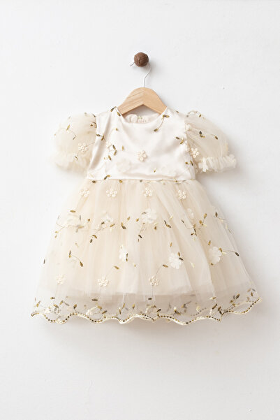 YUKOBABY KIZ BEBEK&ÇOCUK ÇİÇEKLİ FİYONKLU NAKIŞLI ŞIK BAYRAMLIK ELBİSE