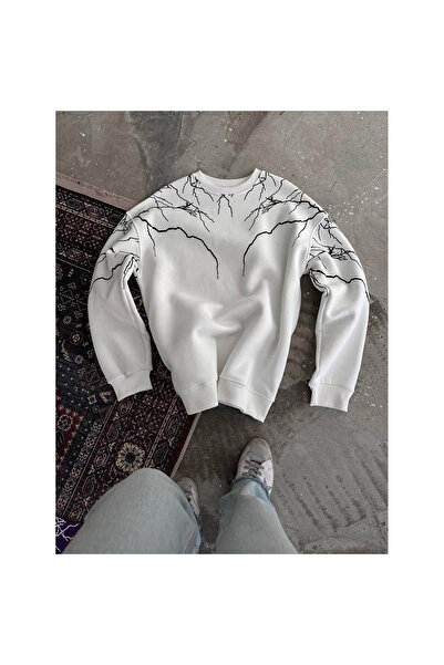 Narnuga Lightning Printed Crew Neck Sweatshirt - White