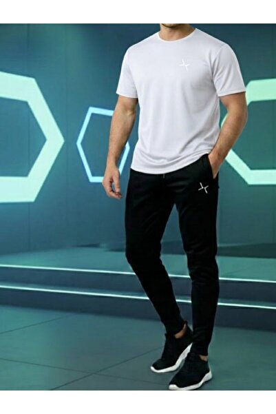 QAST GİYİM SANATI Sweatpants Set White Print Top Crew Neck T-Shirt Oversize