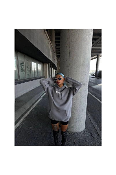 Narnuga Long Sleeve Hooded Chest Printed Sweatshirt - Gray