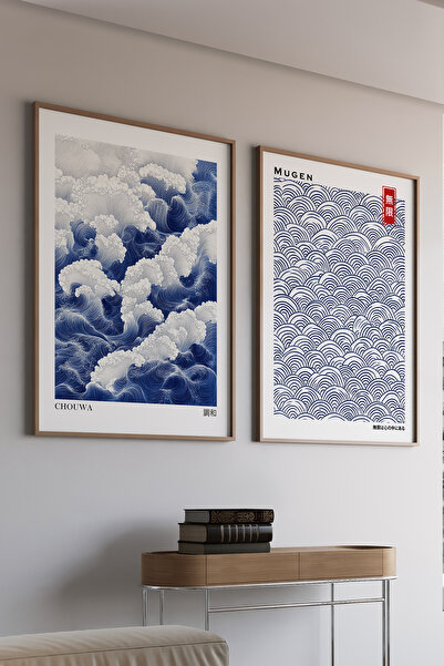 Artiera Σετ ζωγραφικής 2 τεμαχίων Blue Waves Japandi Art με ξύλινο πλαίσιο